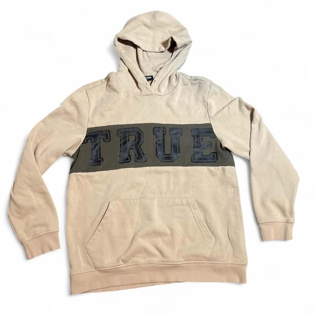 True Religion Hoodie Size M Tan Olive TRUE Block Letter Pullover